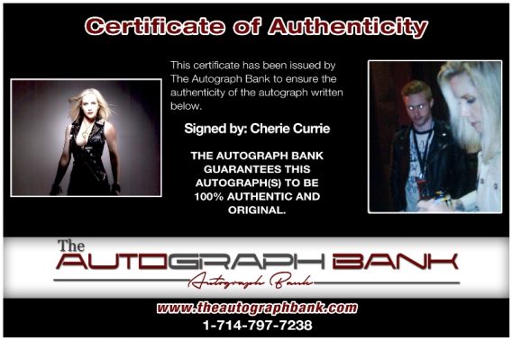 Cherie Currie proof of signing certificate