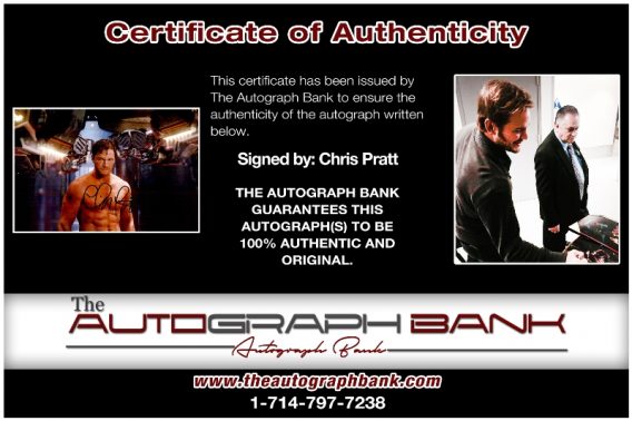 Chris Pratt certificate of authenticity from the autograph bank