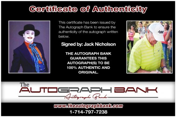 Jack Nicholson proof of signing certificate