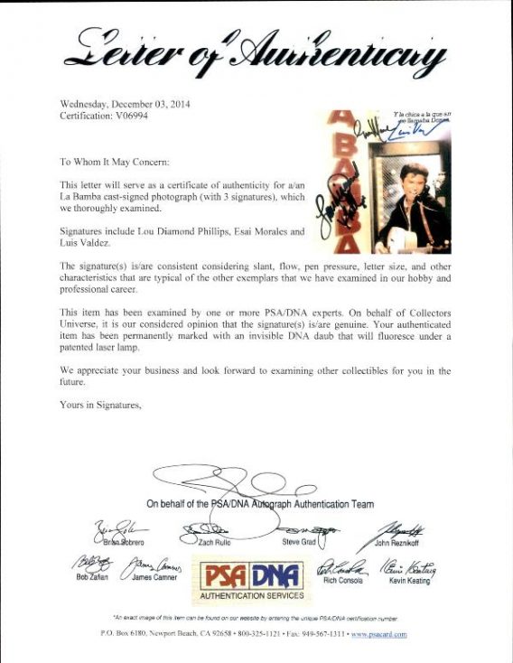 Lou Diamond Phillips proof of signing certificate
