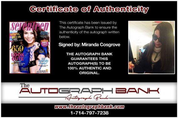 Miranda Cosgrove proof of signing certificate