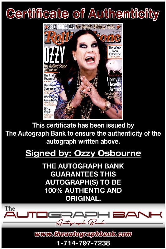 Ozzy Osbourne proof of signing certificate