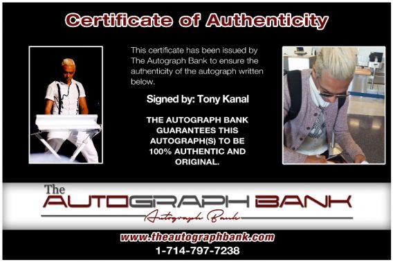 Tony Kanal of No DOubt proof of signing certificate
