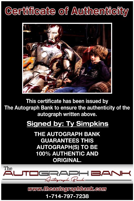 Ty Simpkins proof of signing certificate
