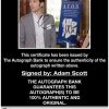 Adam Scott certificate of authenticity from the autograph bank