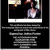 Adina Porter certificate of authenticity from the autograph bank