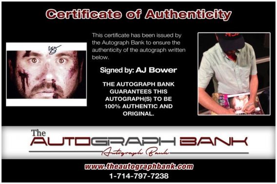 Aj Bower certificate of authenticity from the autograph bank