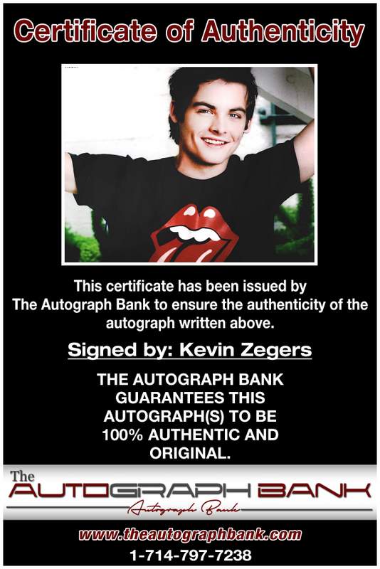 Kevin Zegers certificate of authenticity from the autograph bank