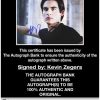 Kevin Zegers certificate of authenticity from the autograph bank