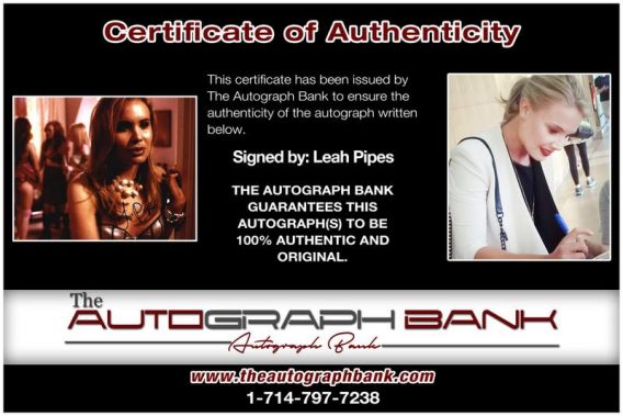 Leah Pipes certificate of authenticity from the autograph bank