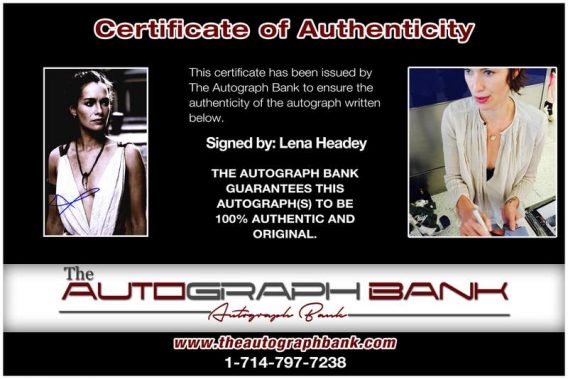 Lena Headey certificate of authenticity from the autograph bank