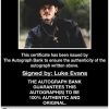 Luke Evans certificate of authenticity from the autograph bank