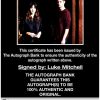 Luke Mitchell certificate of authenticity from the autograph bank