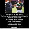 Matt Damon certificate of authenticity from the autograph bank