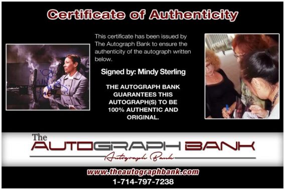 Mindy Sterling certificate of authenticity from the autograph bank