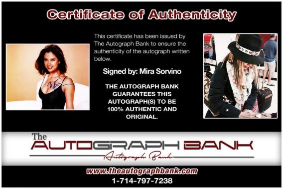Mira Sorvino certificate of authenticity from the autograph bank