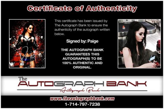 WWE Diva Paige certificate of authenticity from the autograph bank
