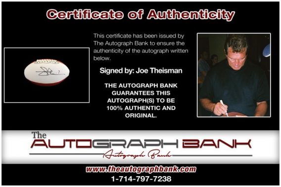 Joe Theismann proof of signing certificate
