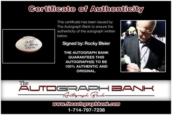 Rocky Bleier proof of signing certificate