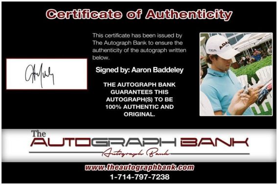 Aaron Baddeley certificate of authenticity from the autograph bank