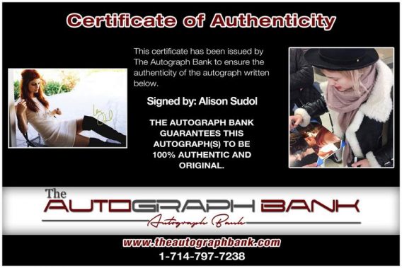 Alison Sudol certificate of authenticity from the autograph bank