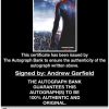 Andrew Garfield certificate of authenticity from the autograph bank