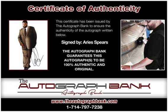 Aries Spears certificate of authenticity from the autograph bank