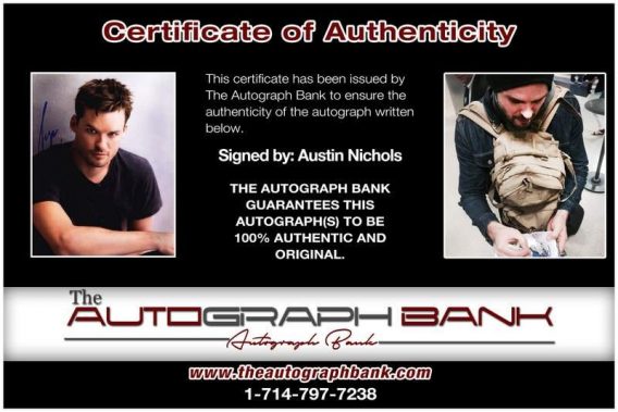 Austin Nichols certificate of authenticity from the autograph bank