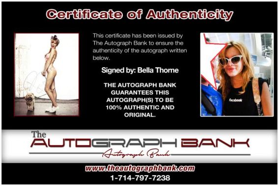 Bella Thorne certificate of authenticity from the autograph bank