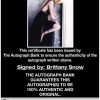 Brittany Snow certificate of authenticity from the autograph bank