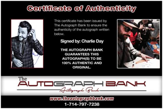 Charlie Day certificate of authenticity from the autograph bank