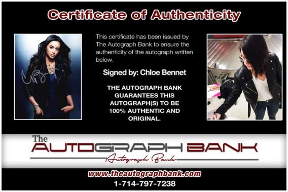 Chloe Bennet certificate of authenticity from the autograph bank
