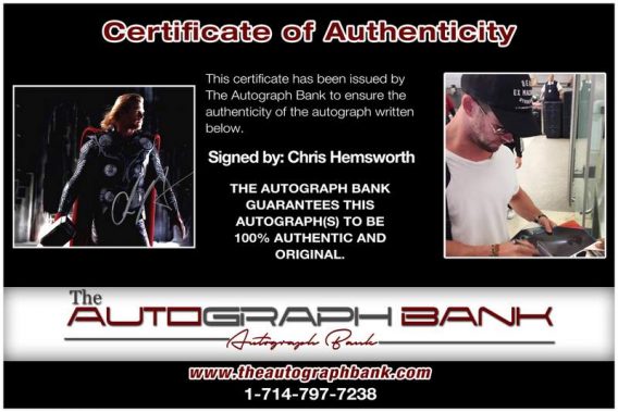 Chris Hemsworth certificate of authenticity from the autograph bank