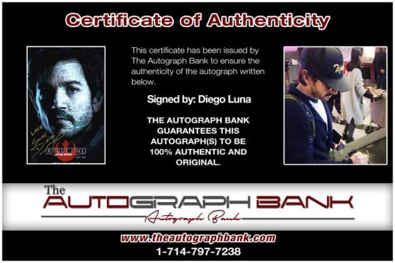 Diego Luna certificate of authenticity from the autograph bank