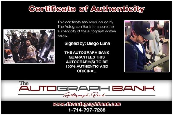 Diego Luna certificate of authenticity from the autograph bank