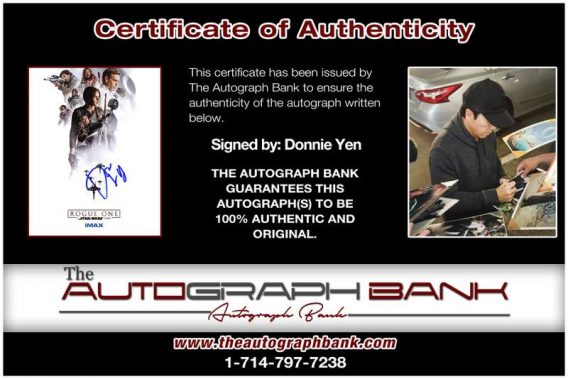 Donnie Yen certificate of authenticity from the autograph bank