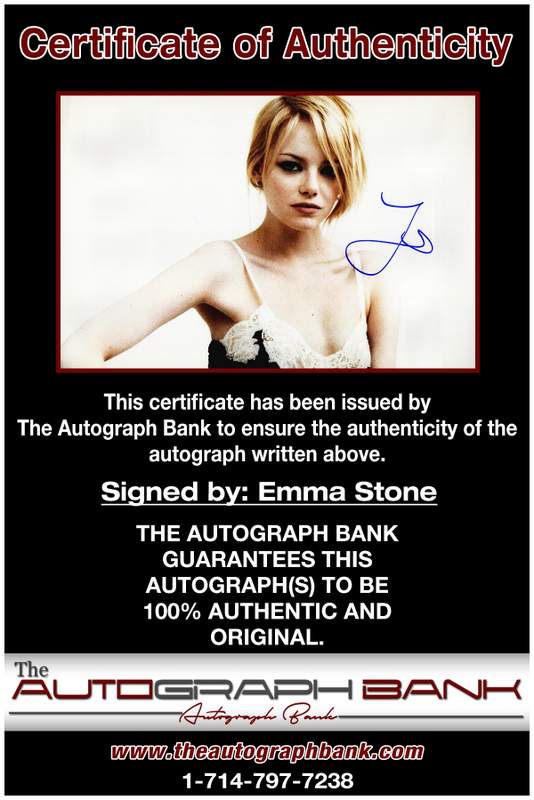 Emma Stone certificate of authenticity from the autograph bank
