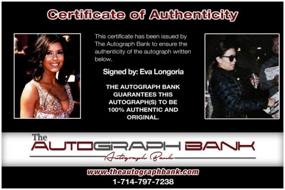 Eva Longoria certificate of authenticity from the autograph bank