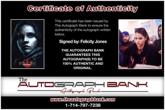 Felicity Jones certificate of authenticity from the autograph bank