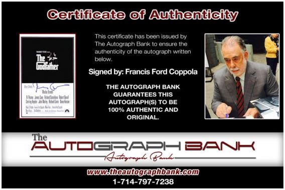 Francis Ford Coppola certificate of authenticity from the autograph bank
