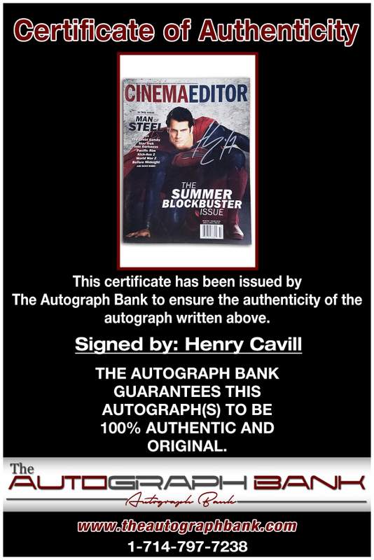Henry Cavill certificate of authenticity from the autograph bank