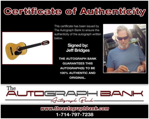 Jeff Bridges certificate of authenticity from the autograph bank