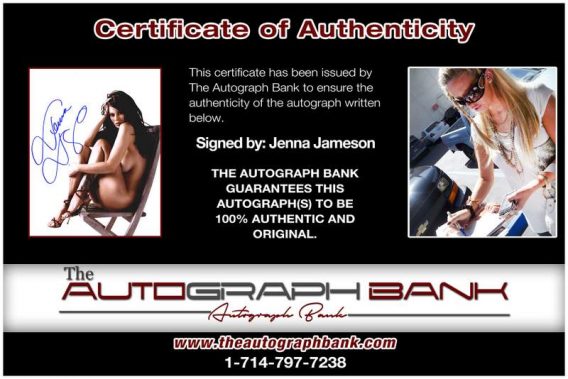 Jenna Jameson certificate of authenticity from the autograph bank