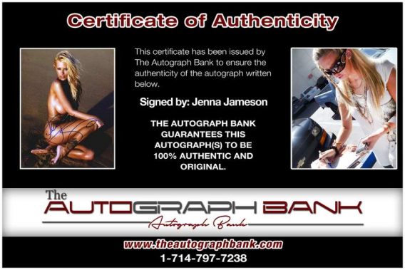 Jenna Jameson certificate of authenticity from the autograph bank
