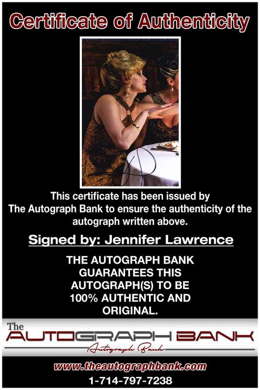 Jennifer Lawrence certificate of authenticity from the autograph bank