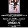 Jennifer Lawrence certificate of authenticity from the autograph bank