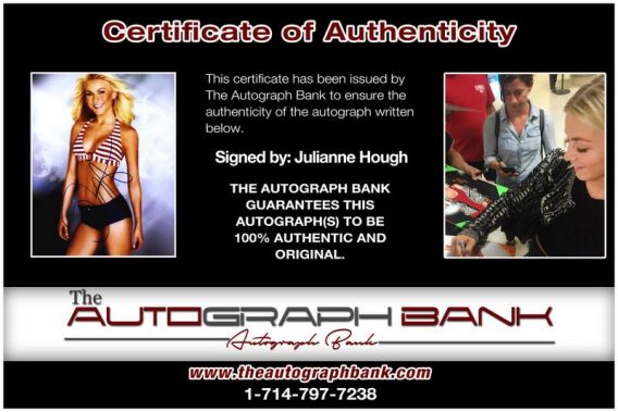 Julianne Hough certificate of authenticity from the autograph bank