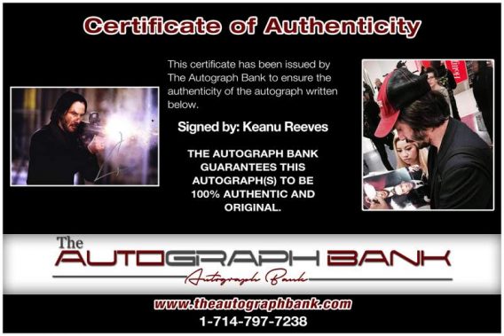 Keanu Reeves certificate of authenticity from the autograph bank