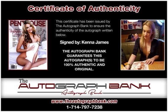 Kenna James certificate of authenticity from the autograph bank