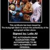 Laila Ali certificate of authenticity from the autograph bank